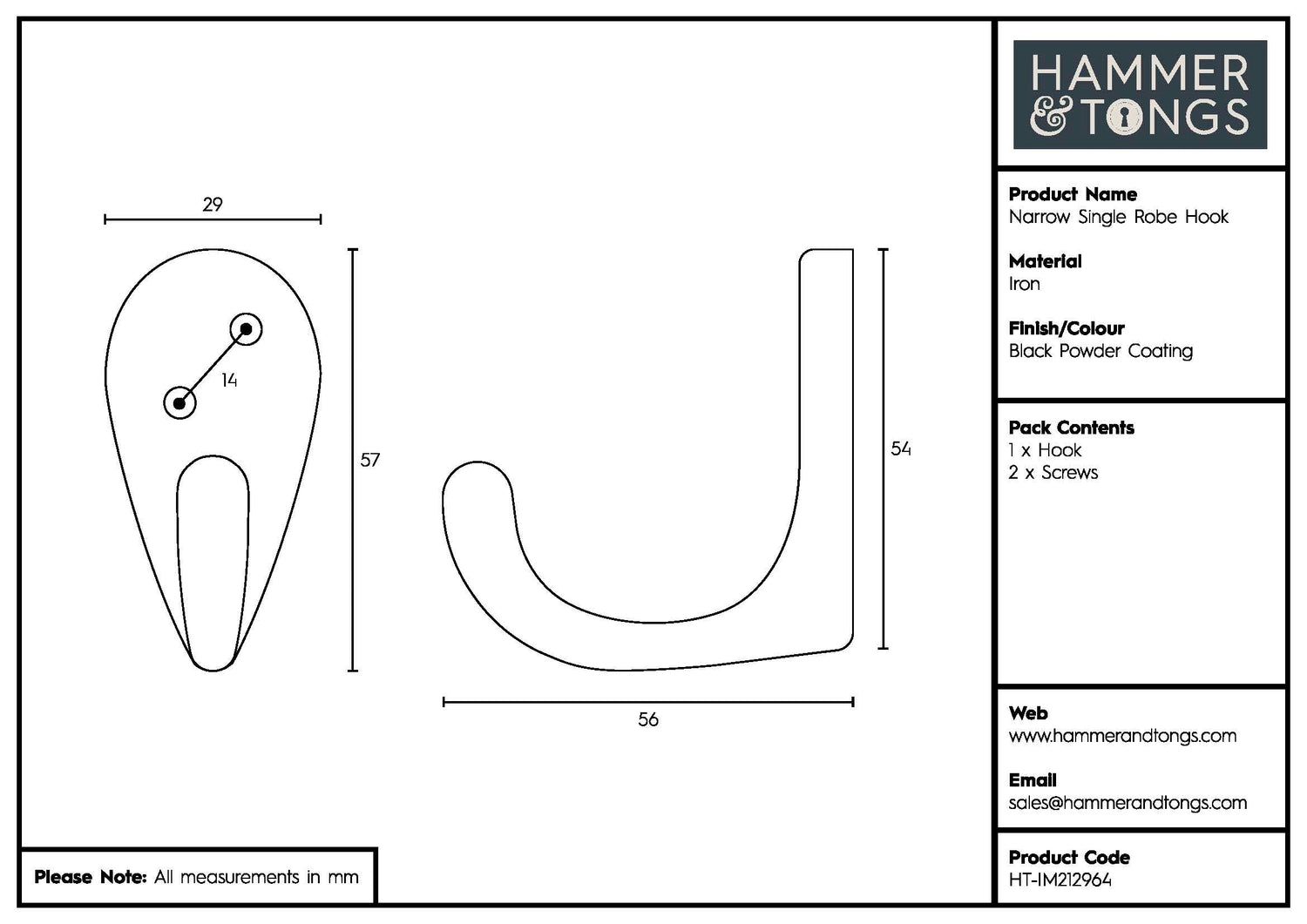 Narrow Single Robe Hook - W30mm x H55mm - Black