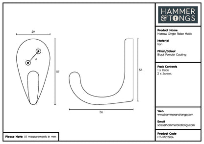 Narrow Single Robe Hook - W30mm x H55mm - Black