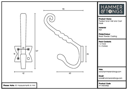Twisted Scroll Hat &amp; Coat Hook - W40mm x H125mm - Black