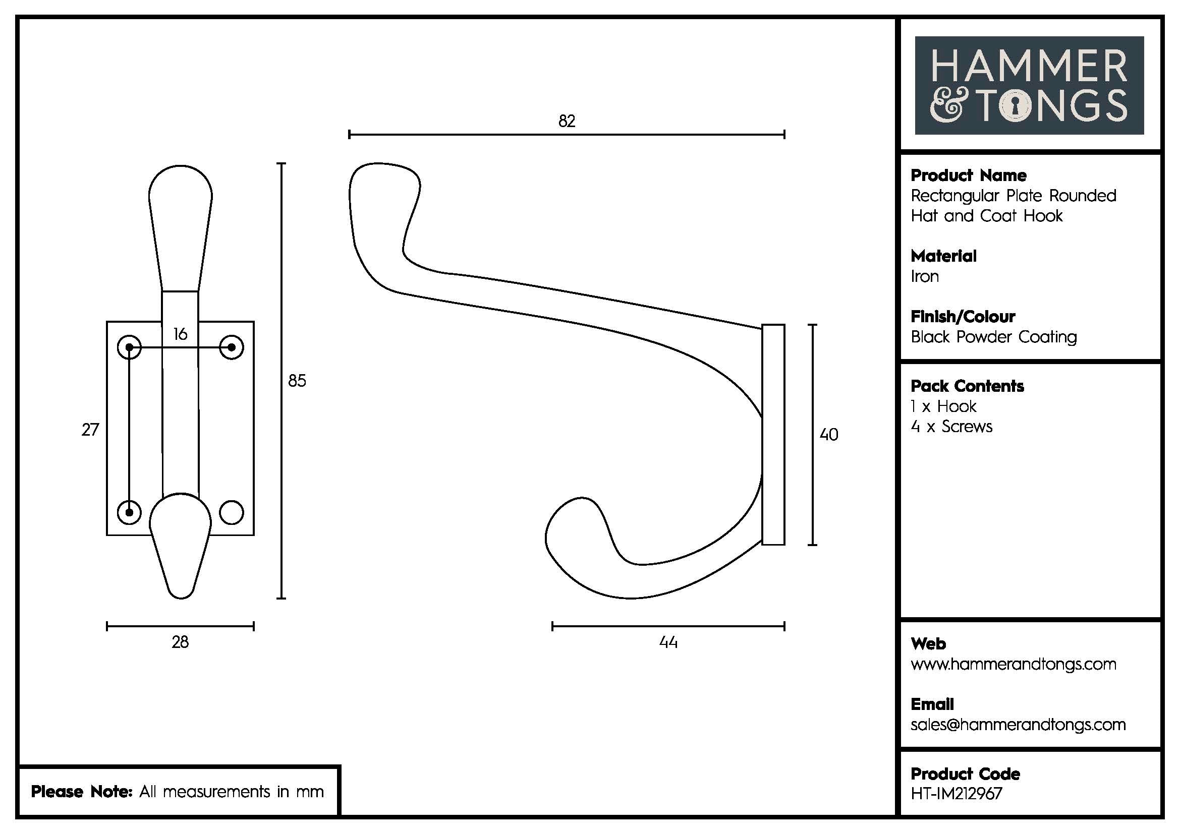 Rectangular Plate Rounded Hat &amp; Coat Hook - W30mm x H85mm - Black