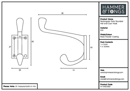 Rectangular Plate Rounded Hat &amp; Coat Hook - W30mm x H85mm - Black