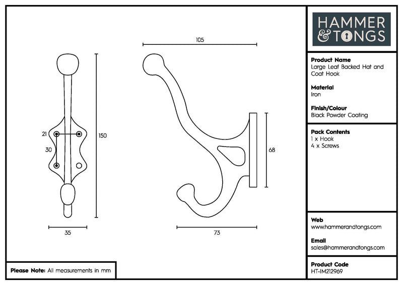 Leaf Backed Hat & Coat Hook - W35mm x H150mm - Black