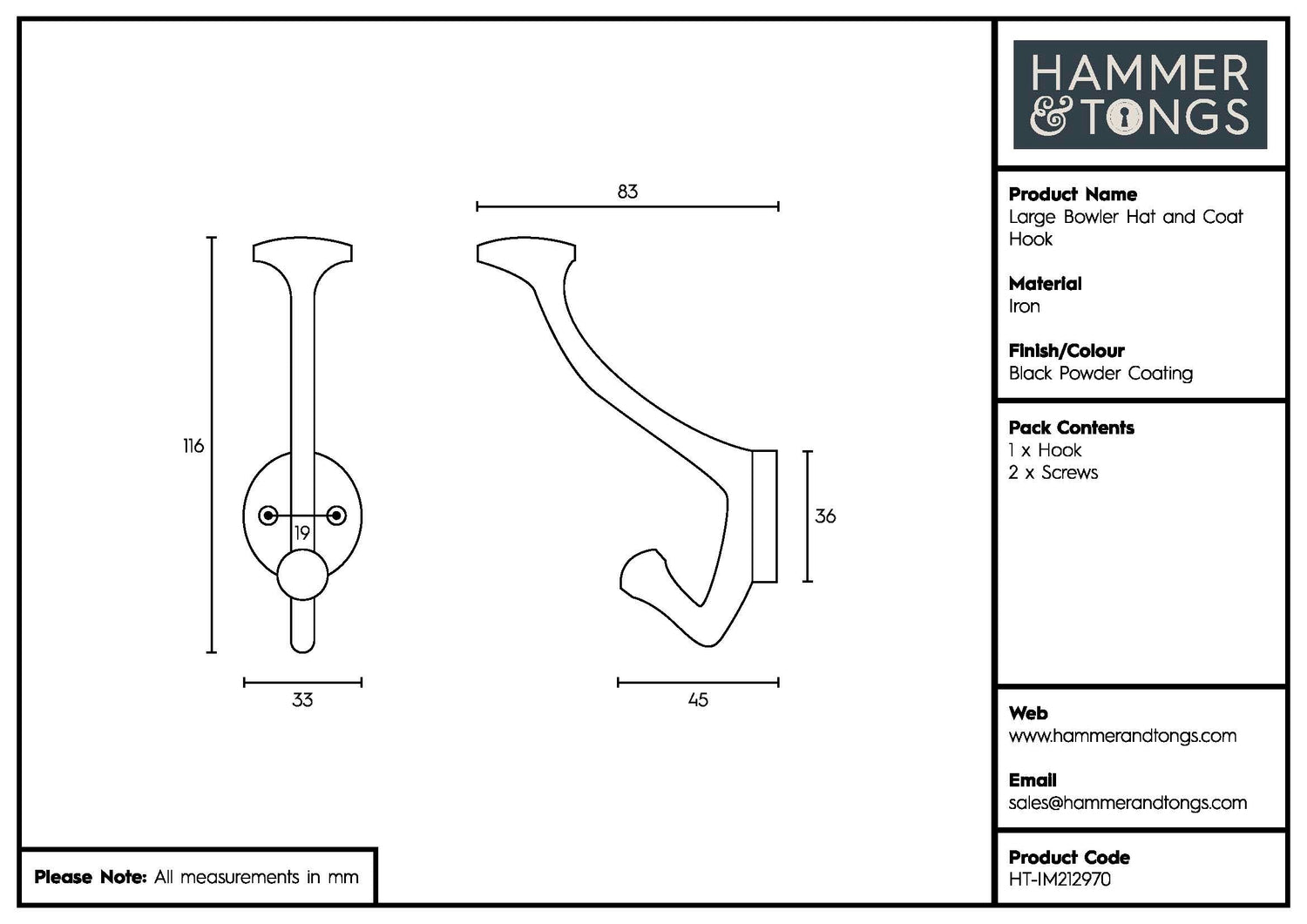 Bowler and Coat Hook - W35mm x H115mm - Black