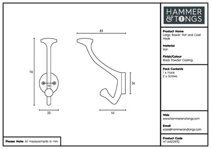 Bowler and Coat Hook - W35mm x H115mm - Black