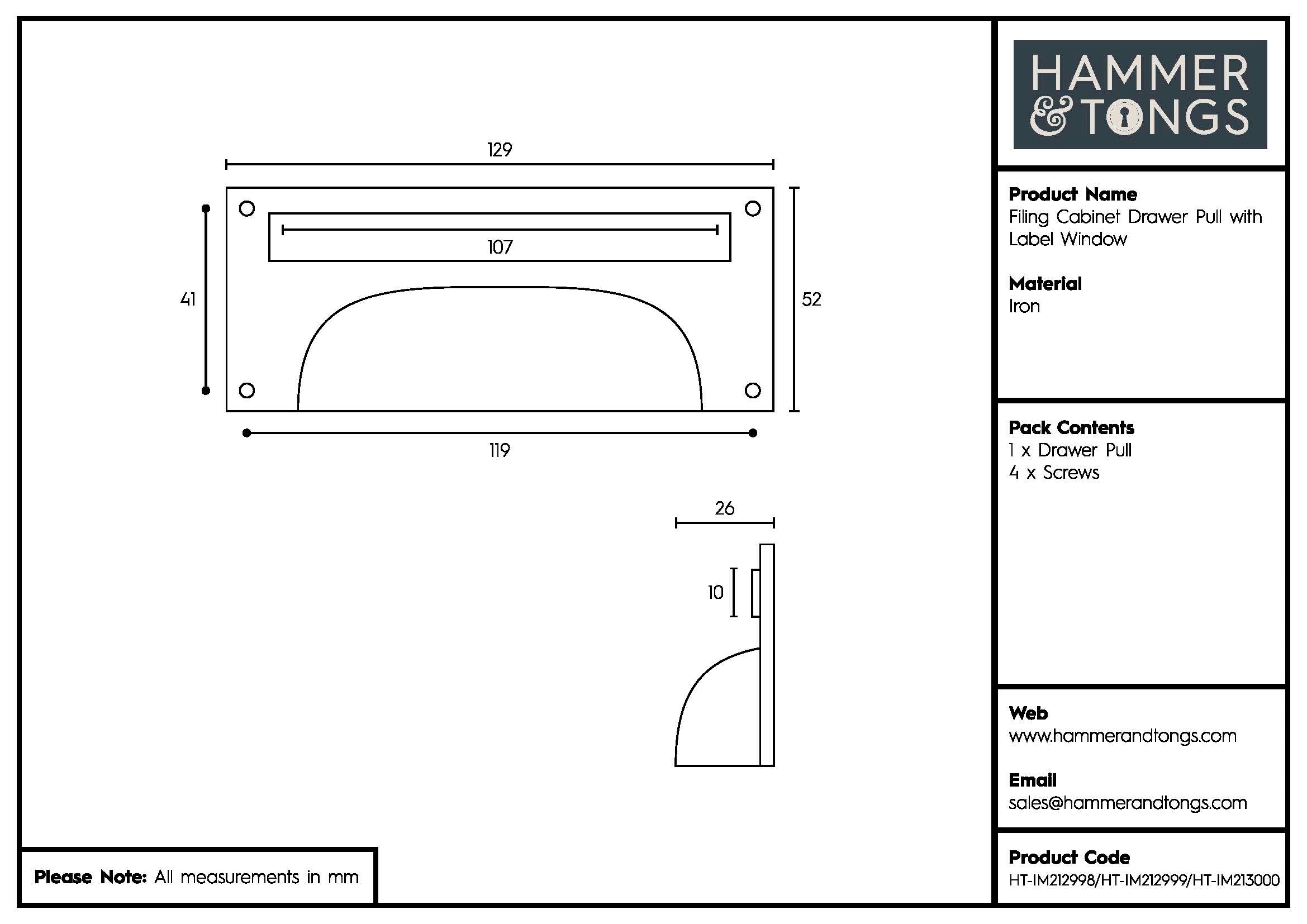 Filing Cabinet Drawer Pull with Card Frame - W130mm x H50mm