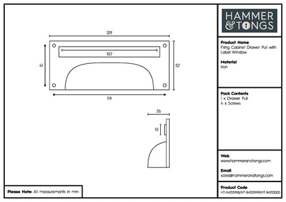 Filing Cabinet Drawer Pull with Card Frame - W130mm x H50mm