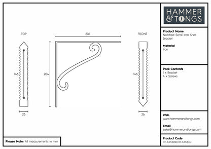Notched Scroll Iron Shelf Bracket - D205mm