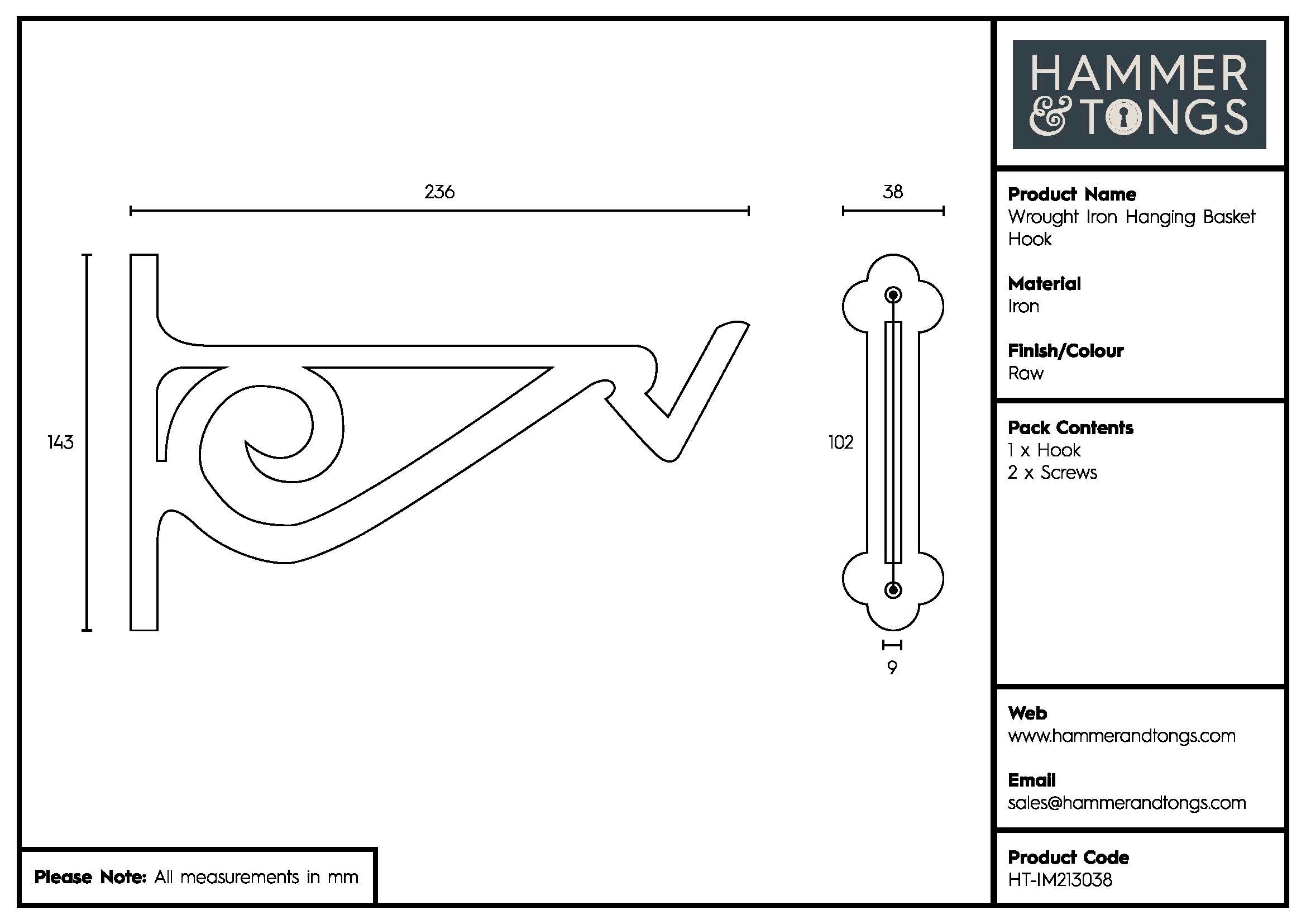 Wrought Iron Hanging Basket Hook - H145mm - Raw