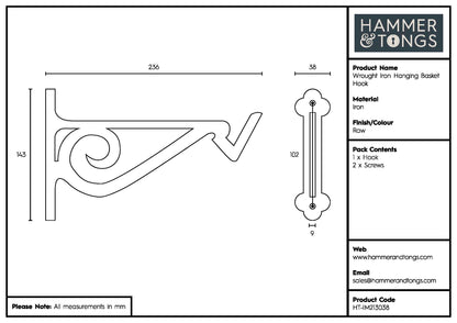 Wrought Iron Hanging Basket Hook - H145mm - Raw