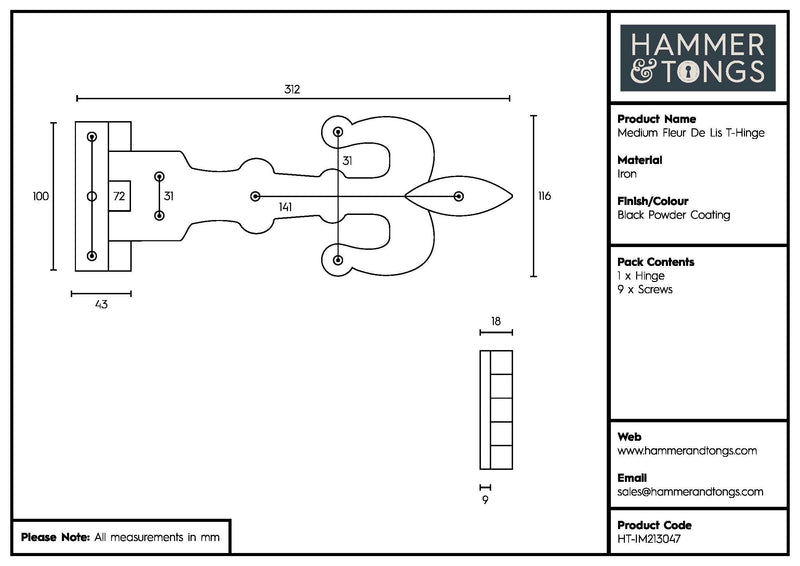 310mm Black Fleur De Lis T-Hinge - By Hammer & Tongs