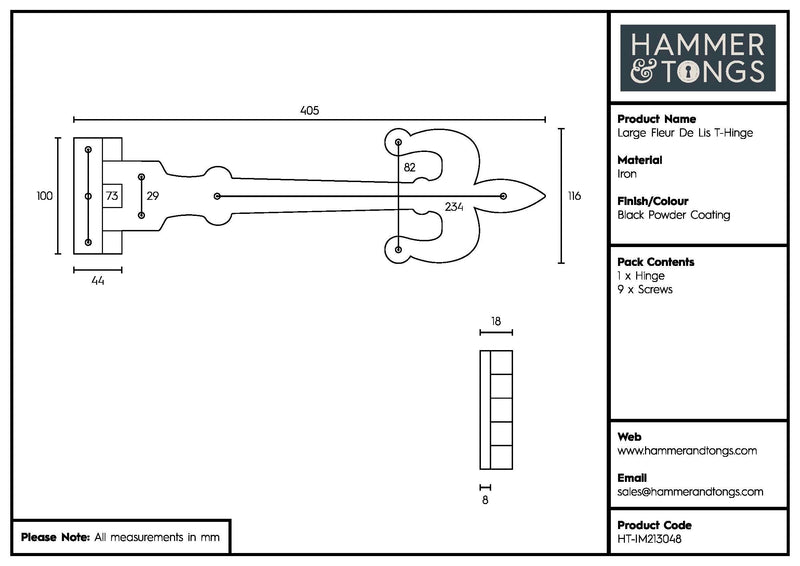 405mm Black Fleur De Lis T-Hinge - By Hammer & Tongs