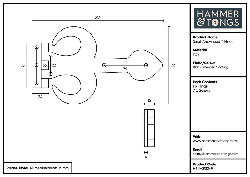 230mm Black Arrowhead T-Hinge - By Hammer & Tongs
