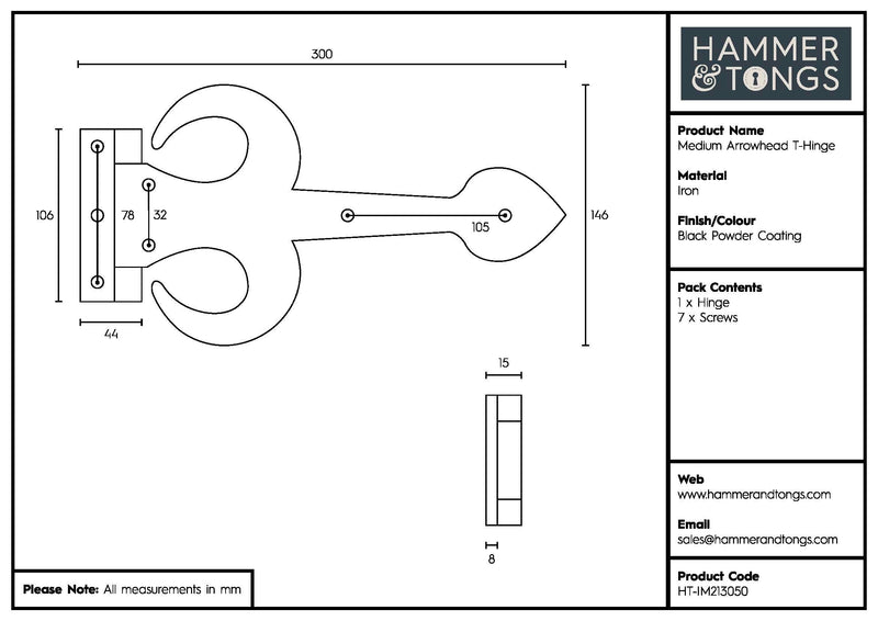 300mm Black Arrowhead T-Hinge - By Hammer & Tongs