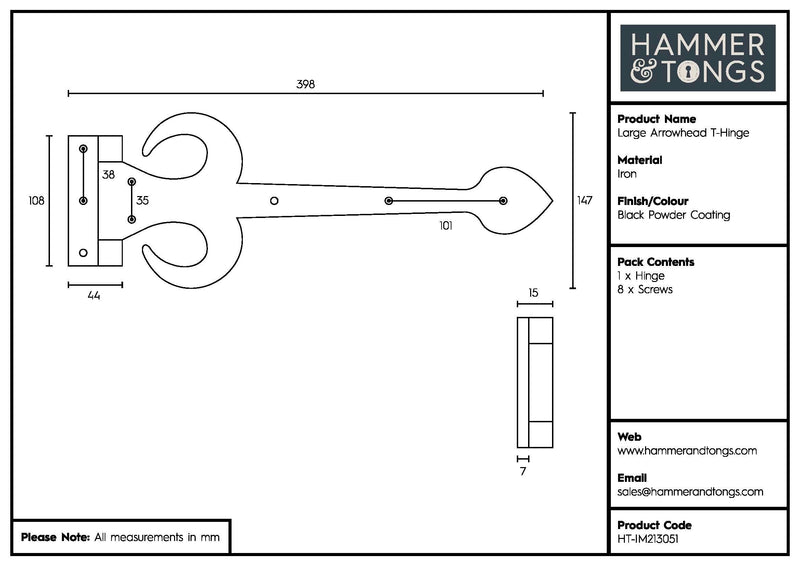 400mm Black Arrowhead T-Hinge - By Hammer & Tongs