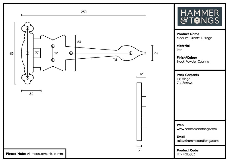 230mm Black Ornate T-Hinge - By Hammer & Tongs