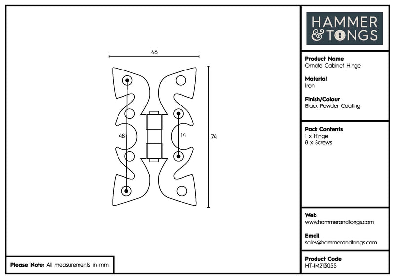 75mm Black Ornate Cabinet Hinge - By Hammer & Tongs