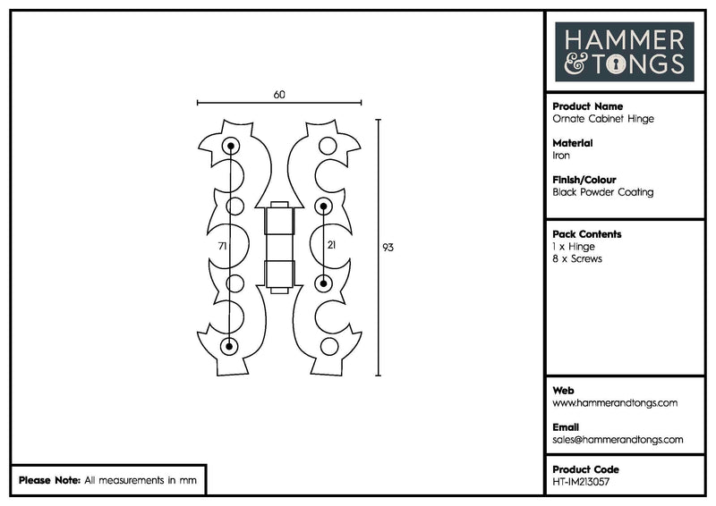 95mm Black Ornate Cabinet Hinge - By Hammer & Tongs