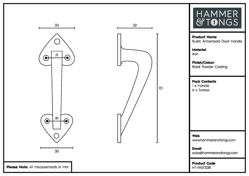 100mm Black Rustic Arrowhead Door Handle - By Hammer & Tongs