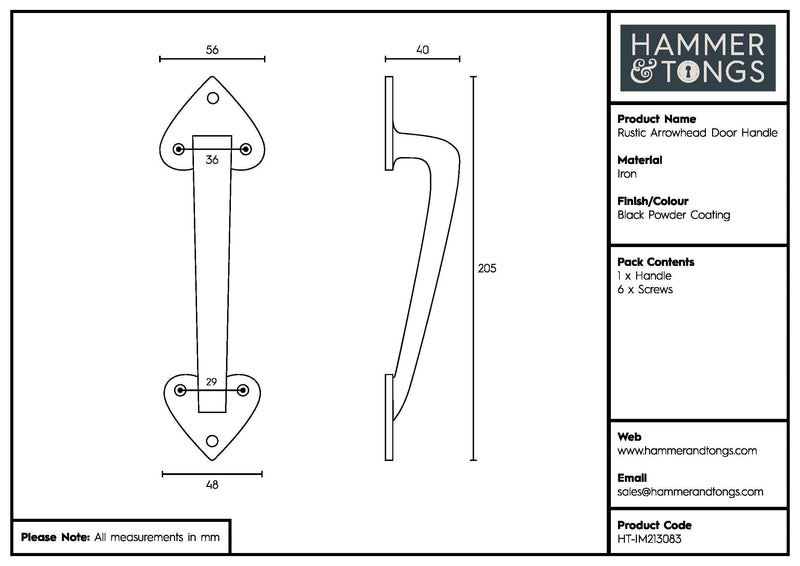 205mm Black Rustic Arrowhead Door Handle - By Hammer & Tongs