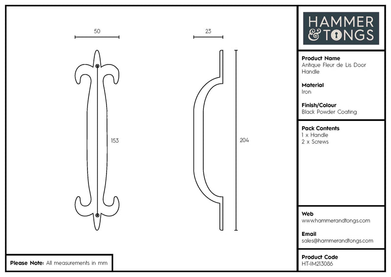 205mm Black Antique Fleur De Lis Door Handle - By Hammer & Tongs