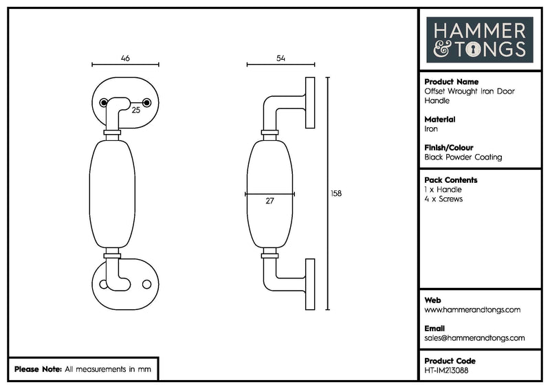 160mm Black Offset Wrought Iron Door Handle - By Hammer & Tongs