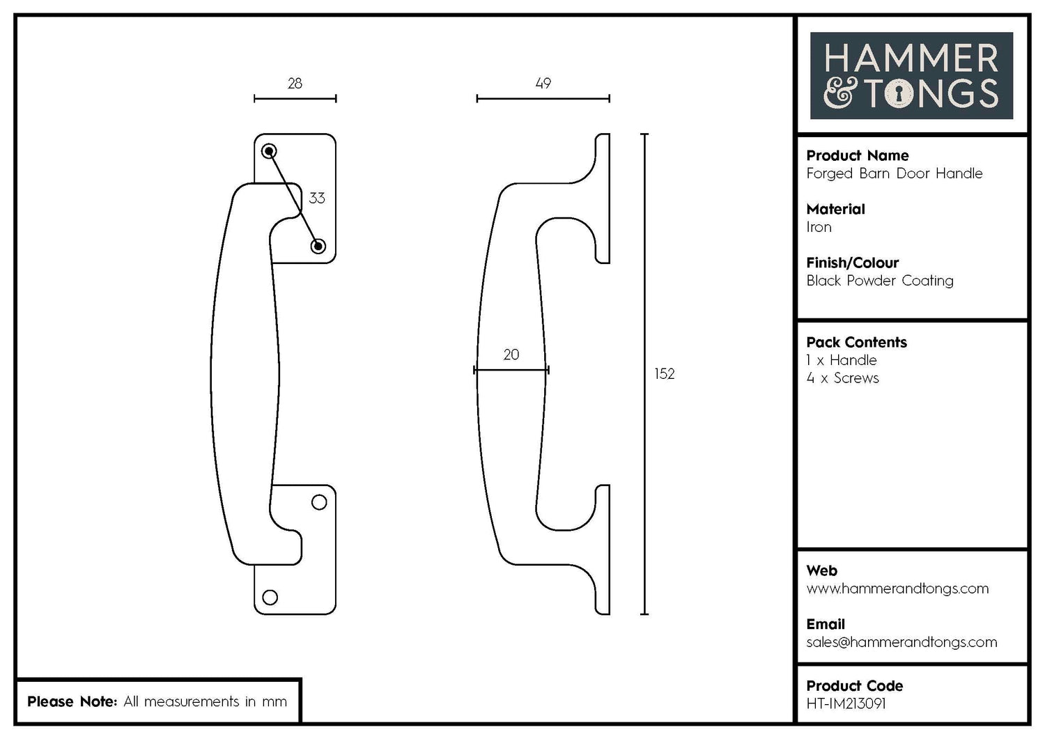 150mm Black Forged Barn Door Handle