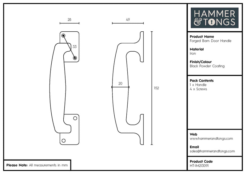 150mm Black Forged Barn Door Handle - By Hammer & Tongs