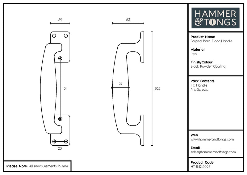 205mm Black Forged Barn Door Handle - By Hammer & Tongs