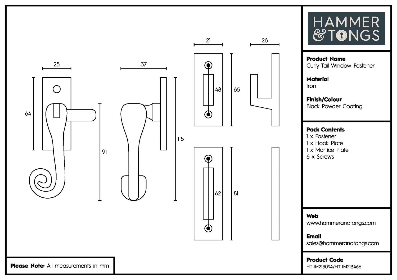85mm Left Hand Black Curly Tail Window Fastener