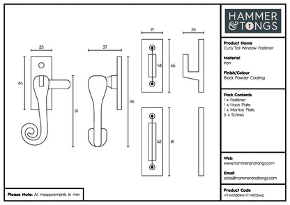 85mm Left Hand Black Curly Tail Window Fastener