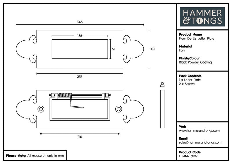 345 x 105mm Black Fleur De Lis Letter Plate - By Hammer & Tongs