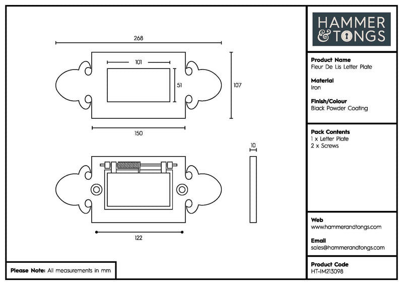 270 x 105mm Black Fleur De Lis Letter Plate - By Hammer & Tongs
