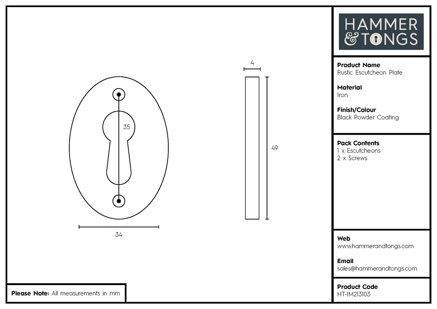 Rustic Escutcheon Plate - W35mm x H50mm - Black