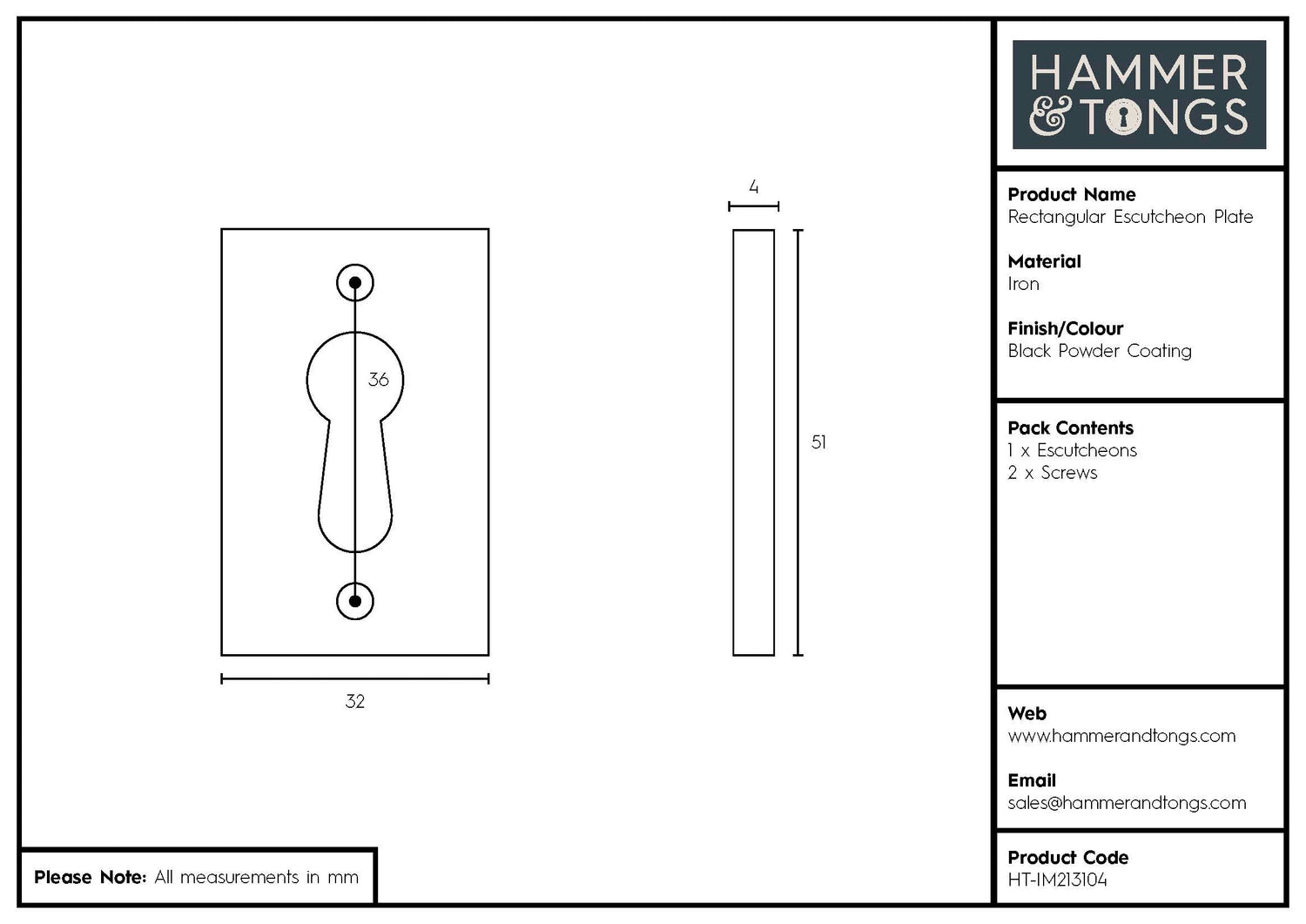 Rectangular Escutcheon Plate - W30mm x H50mm - Black