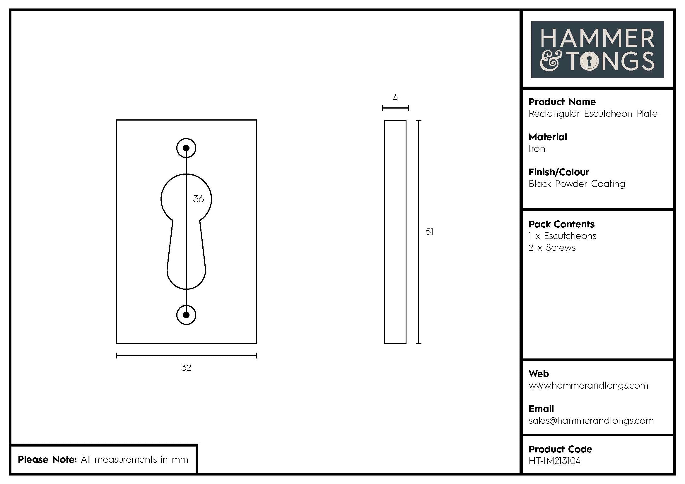 Rectangular Escutcheon Plate - W30mm x H50mm - Black