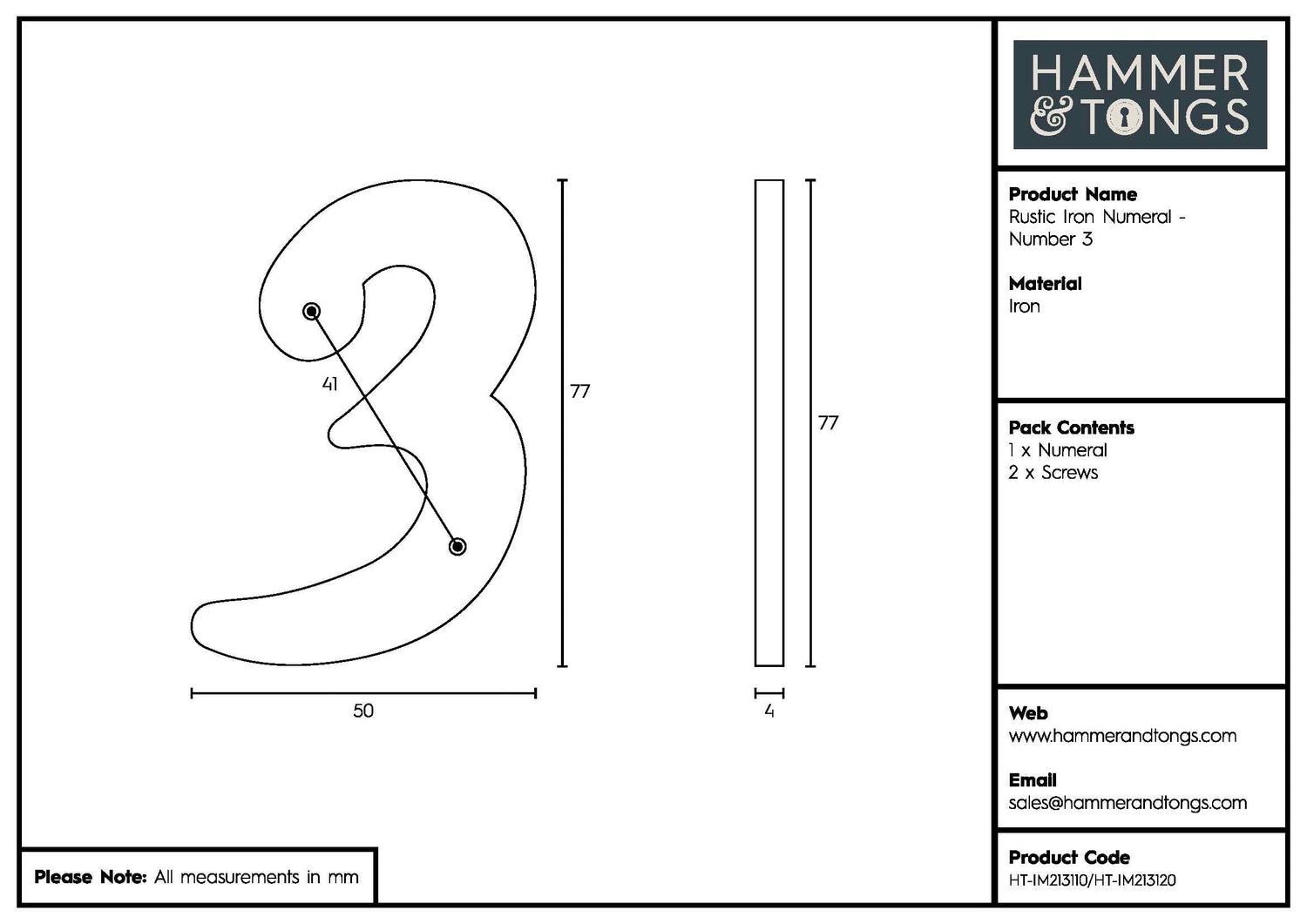 Number 3 80mm Rustic Cast Iron House Number