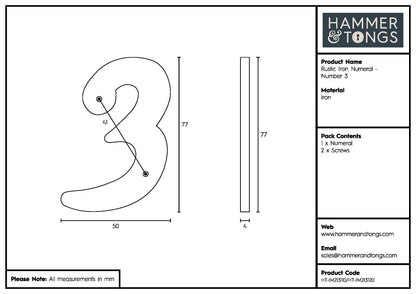 Number 3 80mm Rustic Cast Iron House Number