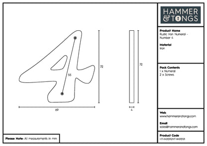 Number 4 80mm Rustic Cast Iron House Number