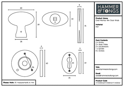 Oval Rim &amp; Mortice Door Knob - W60mm