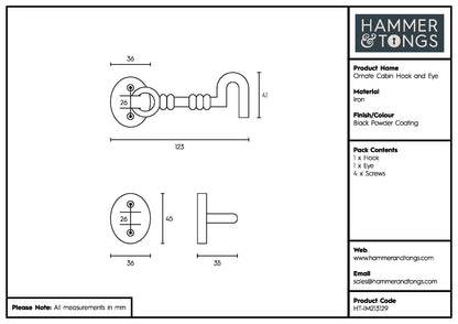 125mm Black Ornate Cabin Hook and Eye