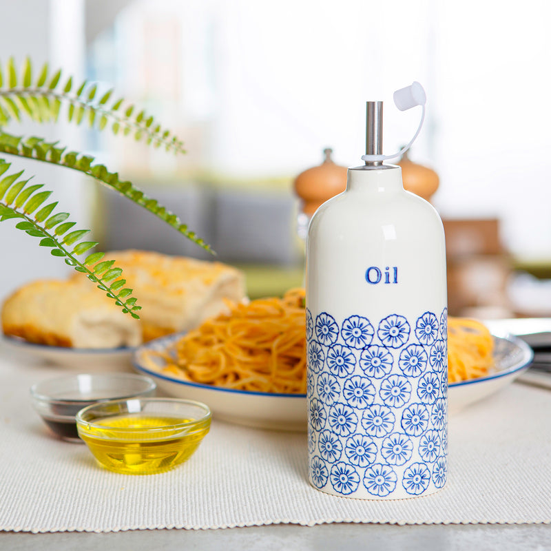 Nicola Spring Hand-Printed Japanese China Olive Oil Dispenser Bottle - Blue Floral - 500ml