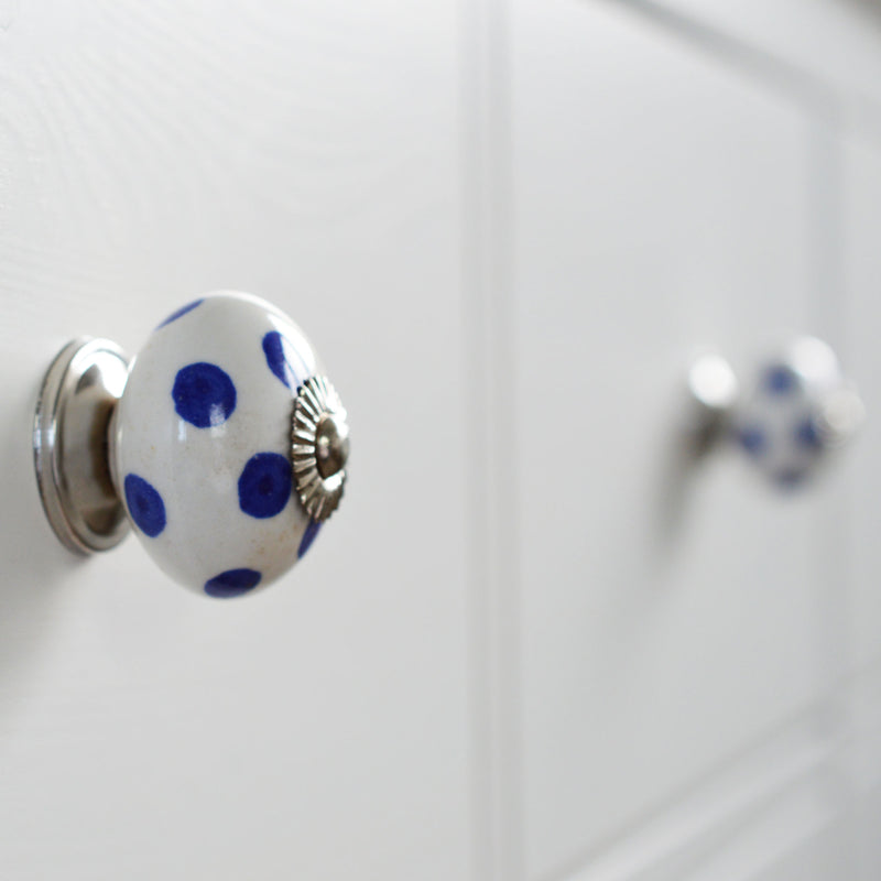 Nicola Spring Ceramic Polka Dot Door Knob and Handle - White and Dark Blue