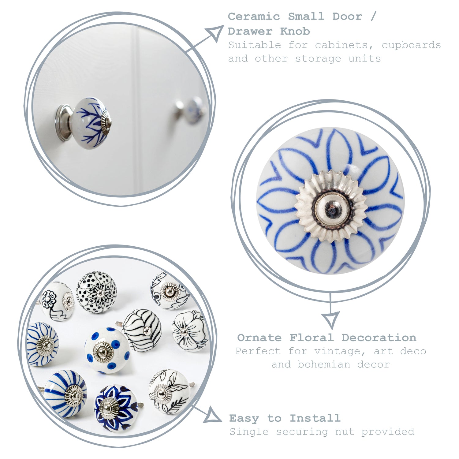 Nicola Spring Ceramic Polka Dot Door Knob and Handle - White and Dark Blue