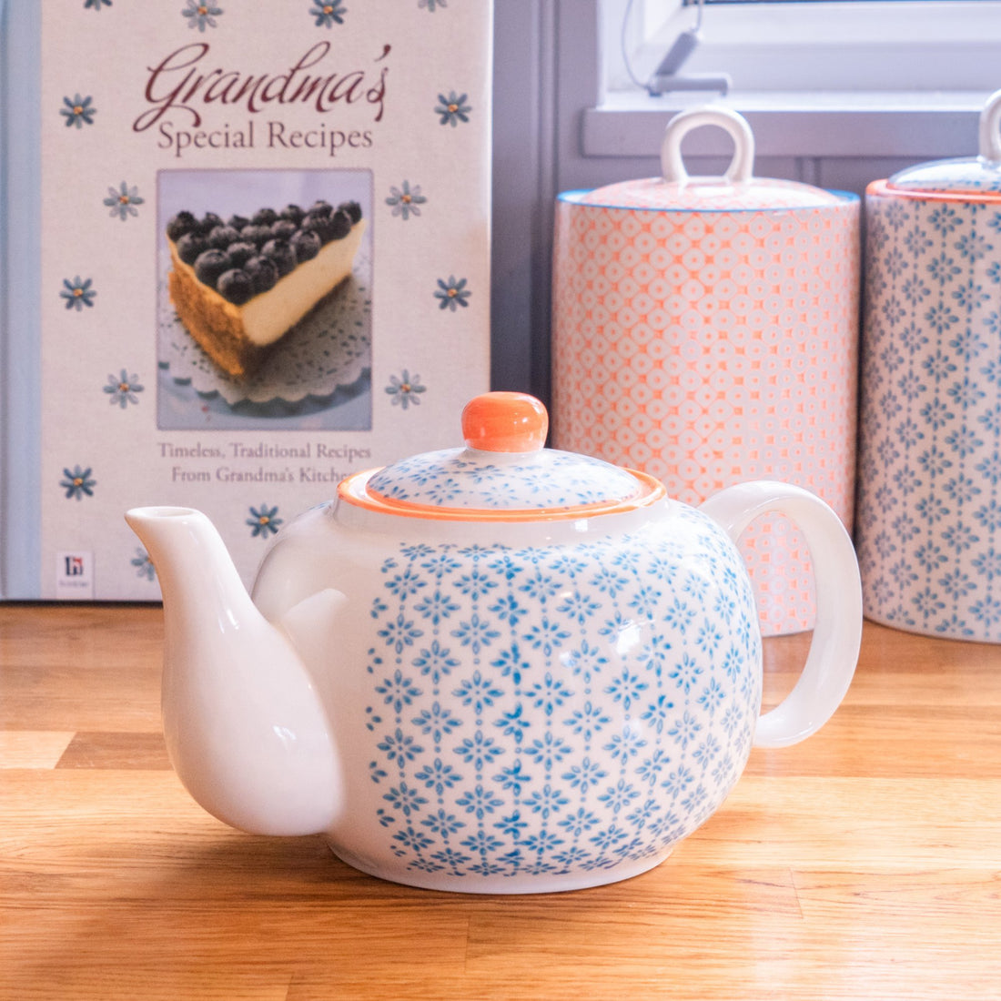 Nicola Spring Patterned Porcelain Teapot - Blue and Orange