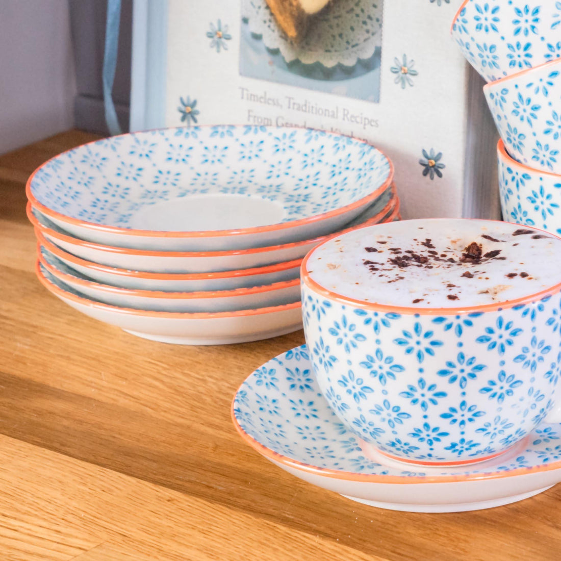 Nicola Spring Patterned Porcelain Saucer - Blue and Orange Flower