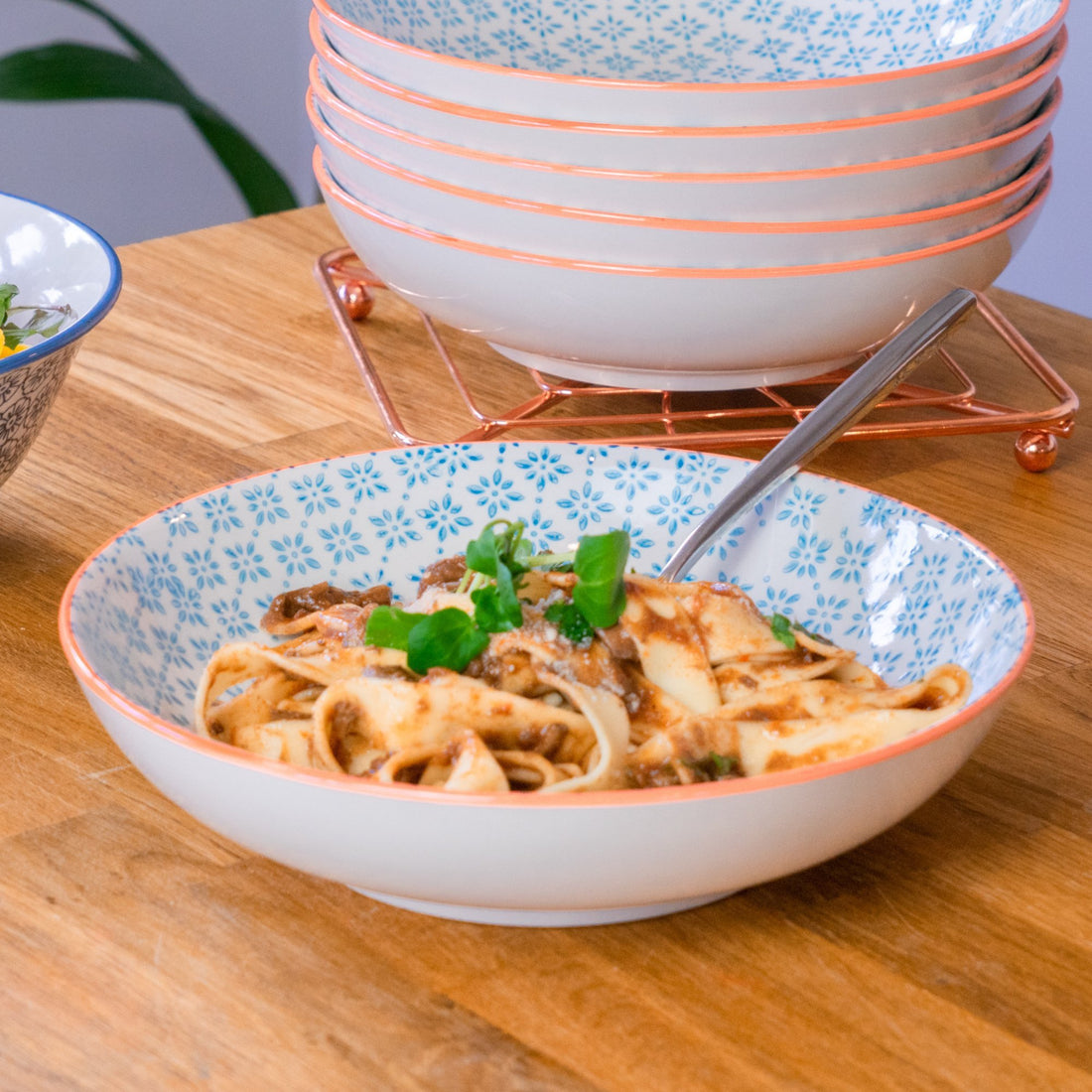 Nicola Spring Patterned Porcelain Pasta Bowl - Blue and Orange