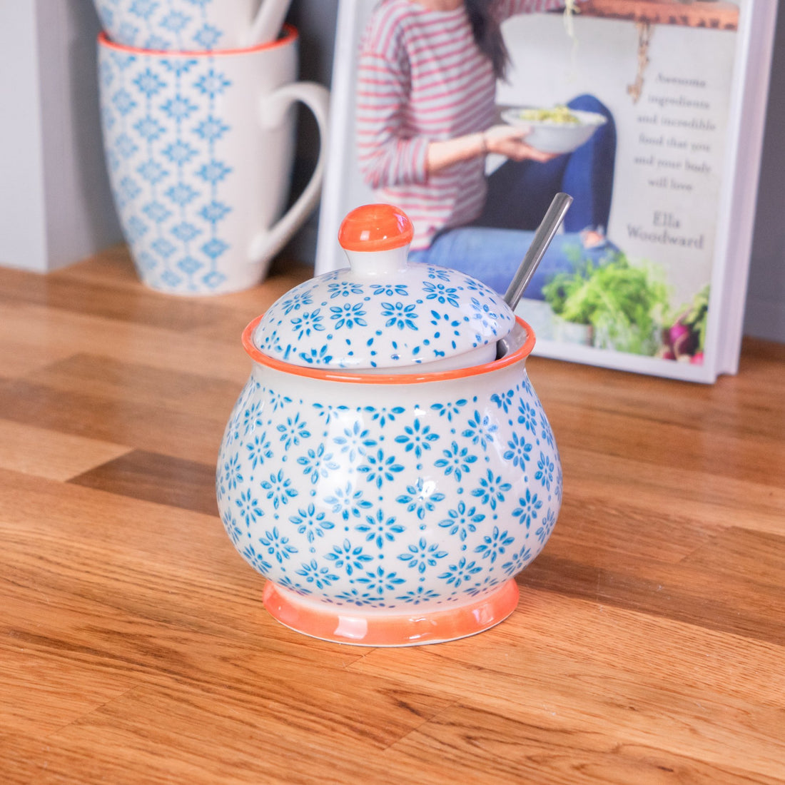 Nicola Spring Patterned Sugar Bowl - Blue and Orange