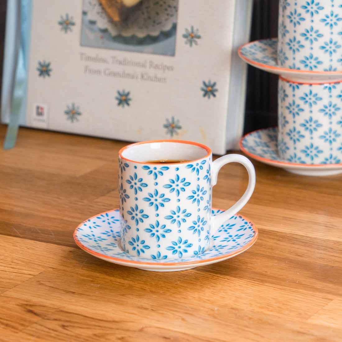 Nicola Spring Patterned Espresso Cup and Saucer Set - Blue and Orange