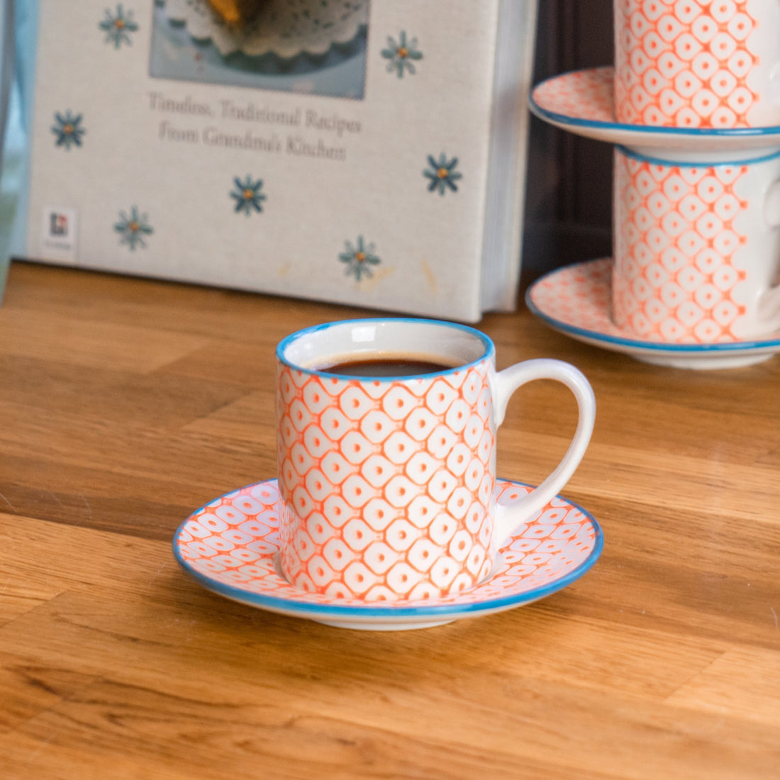 Nicola Spring Patterned Espresso Cup and Saucer Set - Orange and Blue