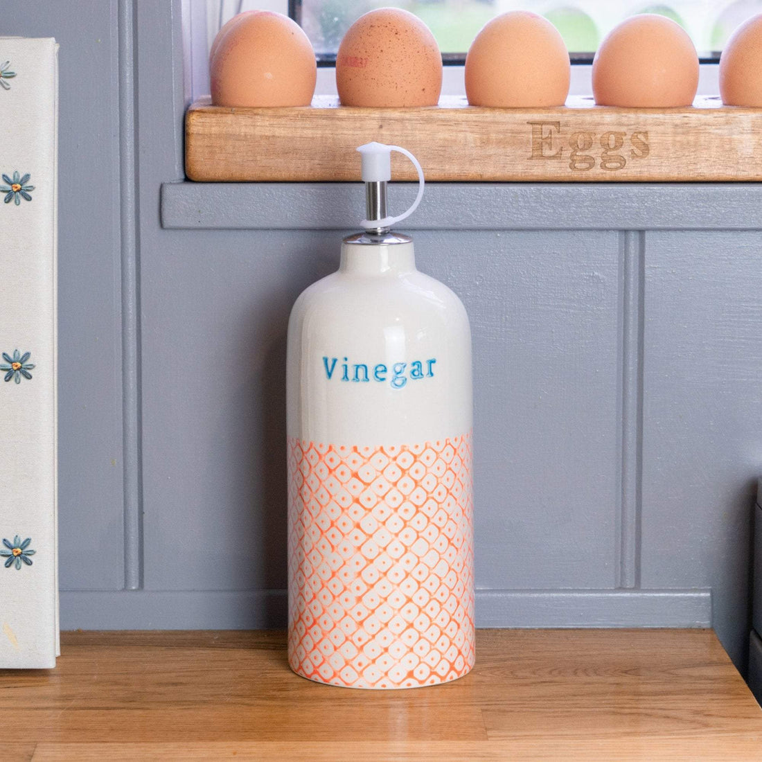 Nicola Spring Hand-Printed Japanese China Vinegar Dispenser Bottle - Orange / Blue - 500ml